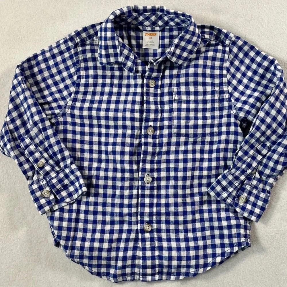 Gymboree Boys 3T Blue White Gingham Linen Cotton Button Down Preppy Minimalist